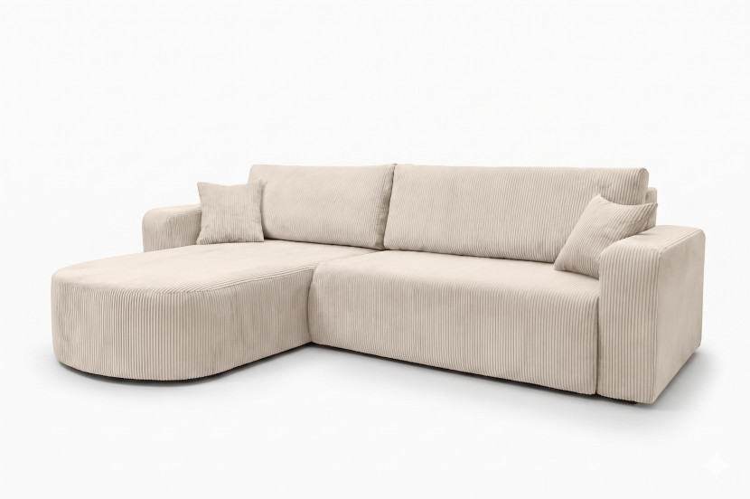 Narożnik z funkcją spania, sztruks Poso, Beżowy, Lewy, ROUND ONE XL 1020512