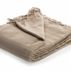 Narzuta na łóżko bawełniana beżowa 230×250 cm koc frędzle 943839 Narzuta na łóżko bawełniana beżowa 230×250 cm koc frędzle 943839
