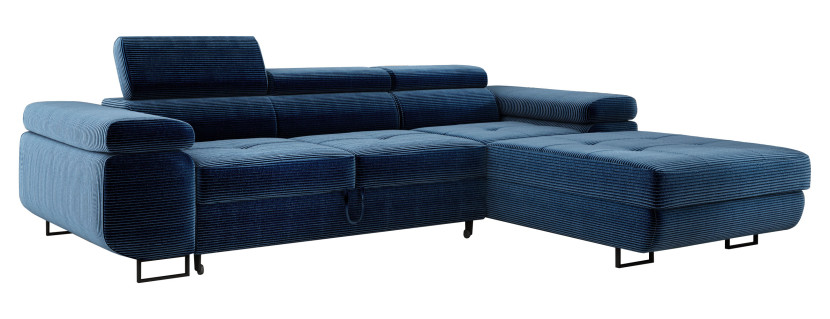 Niebieska sofa narożna do salonu ADRIANO z zagłówkami sztruks prawa 519783