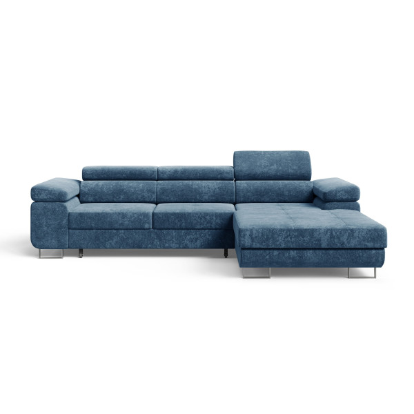 Niebieska sofa narożna z funkcją spania i zagłówkami ADRIANO szenil prawa 1073736