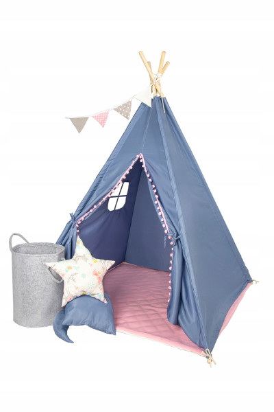 Niebieski namiot tipi + kosz z poduszkami PREMIUM 79421