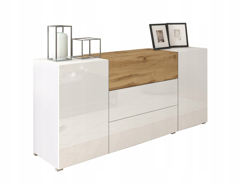 Nowoczesna komoda 150 cm do salonu, 3 szuflady 2 szafki, wotan/biały połysk 804656