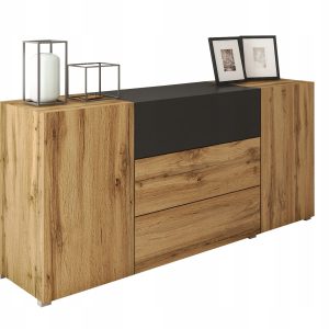 Nowoczesna komoda 150 cm do salonu, 3 szuflady 2 szafki, wotan/czarny mat 804643