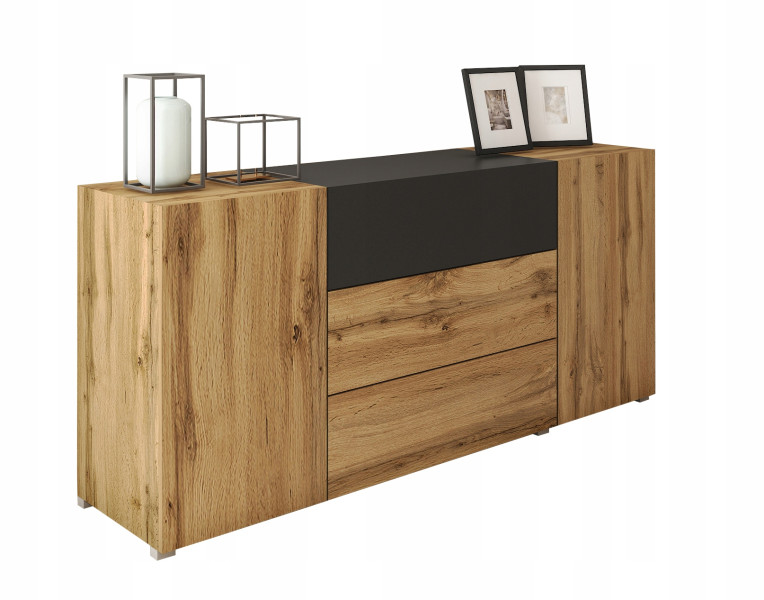 Nowoczesna komoda 150 cm do salonu, 3 szuflady 2 szafki, wotan/czarny mat 804643