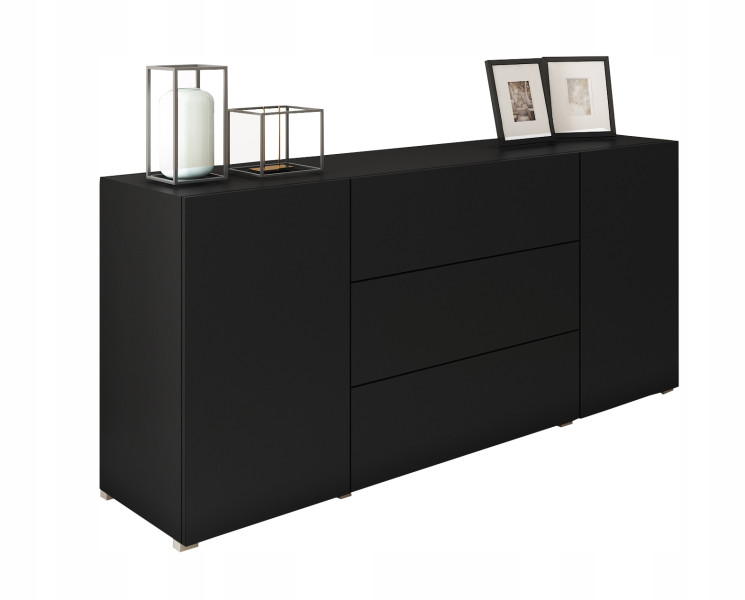 Nowoczesna komoda 150 cm do salonu, 3 szuflady i 2 szafki, czarny mat 804645