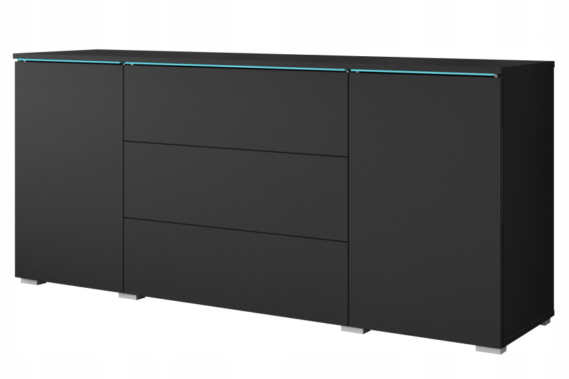 Nowoczesna komoda 150 cm do salonu 3 szuflady i 2 szafki czarny mat z LED 807910