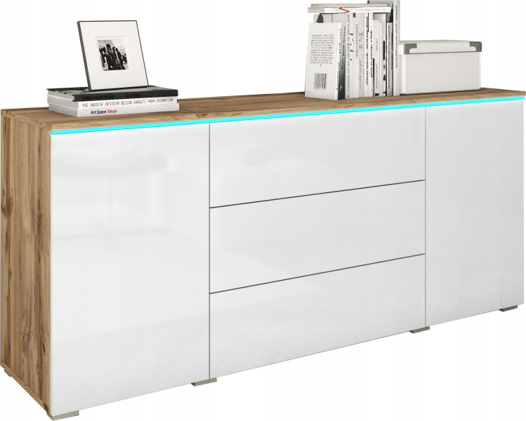 Nowoczesna komoda 150 cm do salonu 3 szuflady i 2 szafki wotan/biały połysk 125394