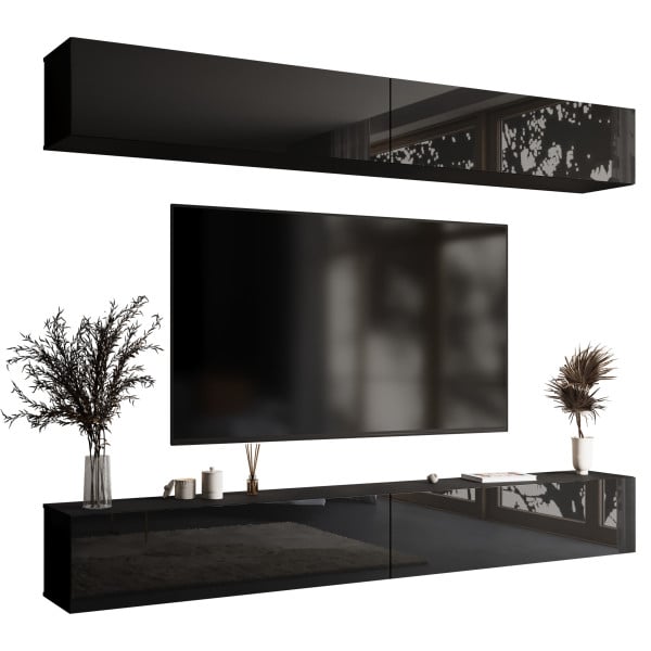 Nowoczesna meblościanka 280 cm do salonu PREMIUM czarny połysk 781916