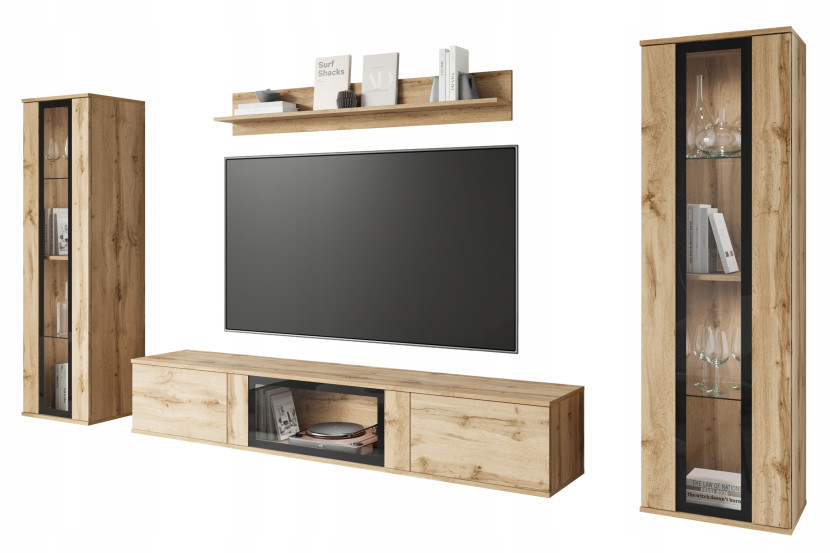 Nowoczesna meblościanka do salonu, 2 witryny i szafka RTV 180 cm, dąb Wotan 808009