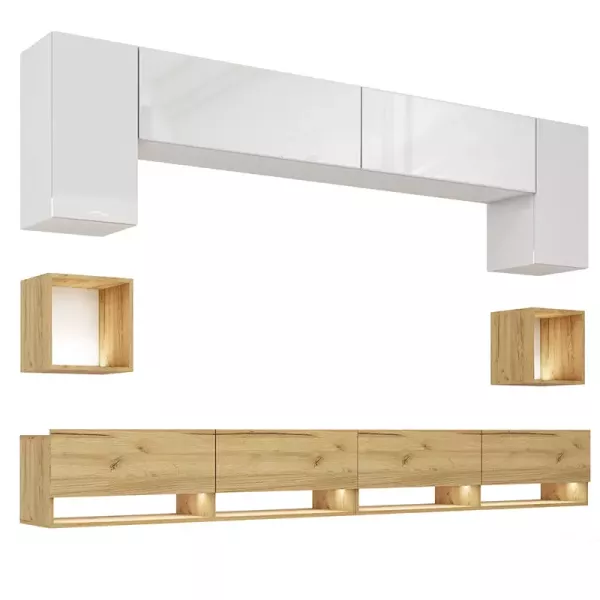 Nowoczesna meblościanka PREMIUM biała/dąb craft złoty 749034