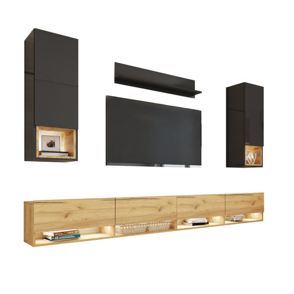 Nowoczesna meblościanka PREMIUM Czarna/Dąb craft złoty 749058