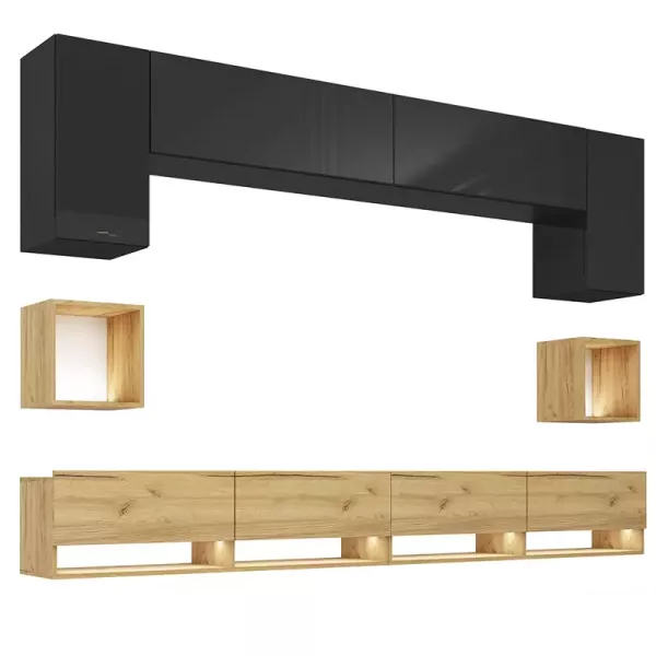 Nowoczesna meblościanka PREMIUM Czarna/Dąb craft złoty 748312