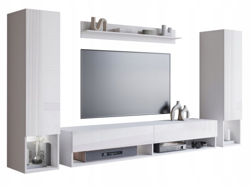 Nowoczesna meblościanka wiszący zestaw RTV 180 cm, biały mat/połysk z LED 807938