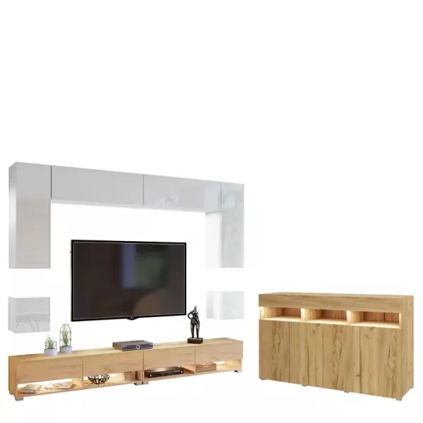 Nowoczesna meblościanka z komodą PREMIUM biały/dąb craft złoty 749032