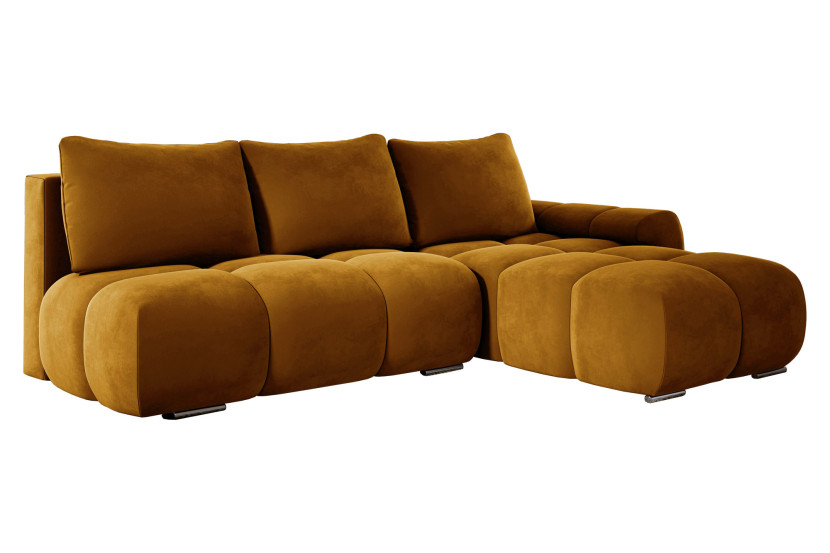Nowoczesna sofa narożna rozkładana ALFERIA żółty welur pojemnik prawa 819619