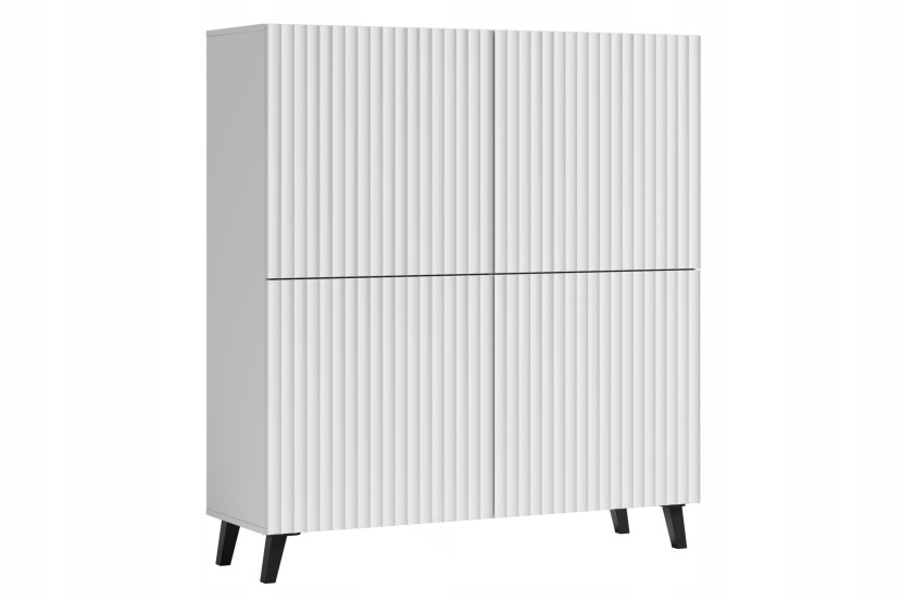 Nowoczesna wysoka komoda 120 cm do salonu, fronty MDF szerokie ryfle białe 337615