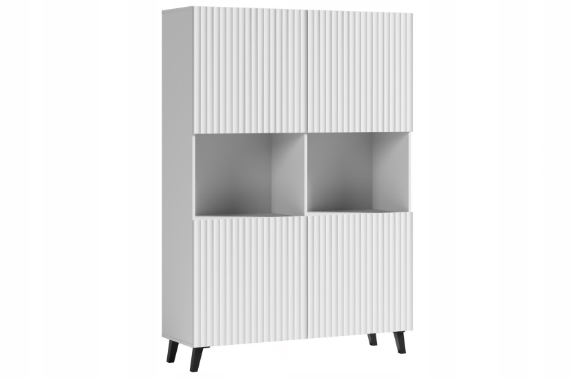 Nowoczesna wysoka komoda 160 cm do salonu, fronty MDF szerokie ryfle białe 337637