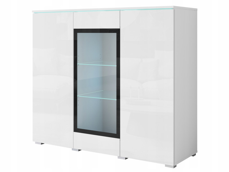Nowoczesna wysoka witryna 120 do salonu 3 drzwiowa, biały mat/połysk z LED 803029