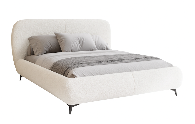 Nowoczesne łóżko tapicerowane 160x200 ELLE w tkaninie boucle - biały 668397