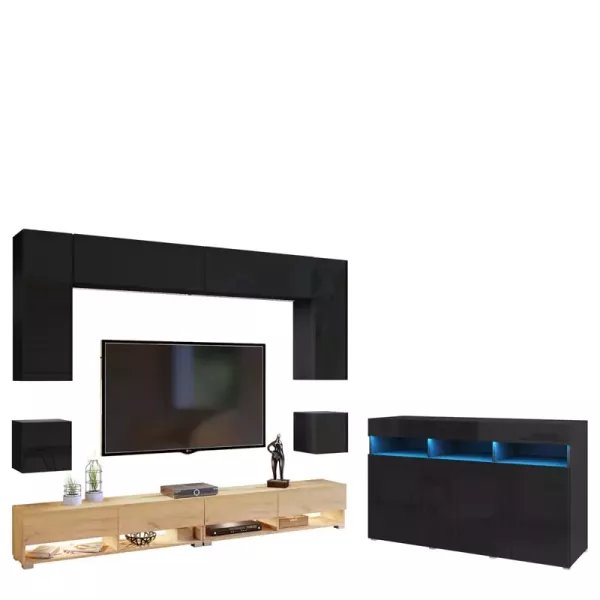 Nowoczesne meble do salonu z komodą PREMIUM czarny/dąb craft złoty 749059