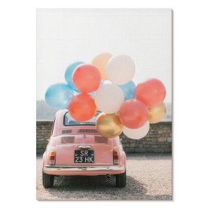 Nowoczesne plakaty A1 Różowy samochód balony w tle retro styl 1007120