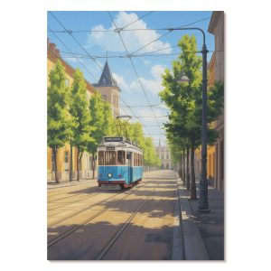 Nowoczesne plakaty A4 Słoneczna ulica tramwaj zieleń projektu Impuls 1014002 Nowoczesne plakaty A4 Słoneczna ulica tramwaj zieleń projektu Impuls 1014002