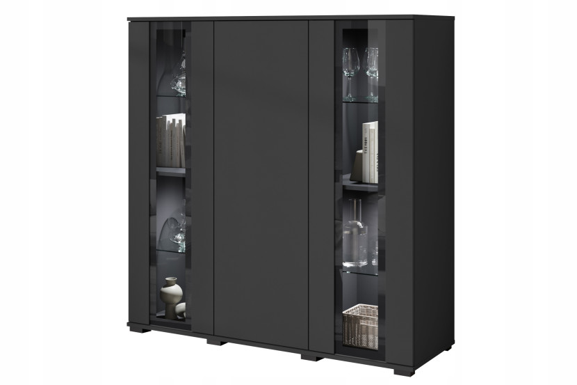 Nowoczesny highboard 120, wysoka witryna do salonu szkło, czarny mat z LED 807443
