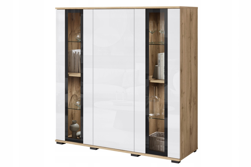 Nowoczesny highboard 120, wysoka witryna, szkło, wotan/biały połysk z LED 807430