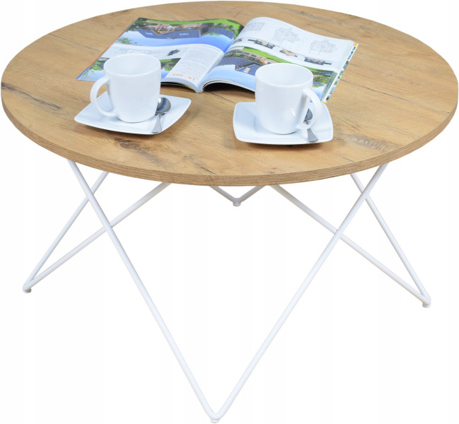 Nowoczesny Okrągły Stolik Kawowy Salon Loft 75x75x43 Biały+Dąb Lancelot 856103