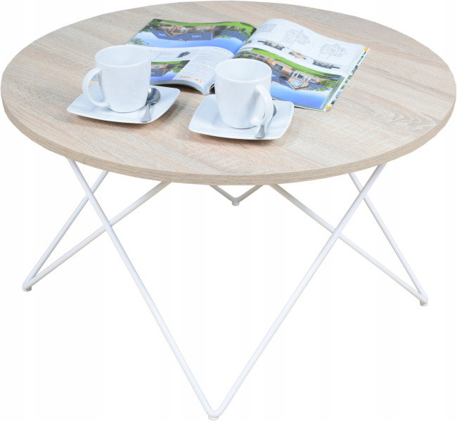 Nowoczesny Okrągły Stolik Kawowy Salon Loft 75x75x43 Biały+Dąb Sonoma 856126