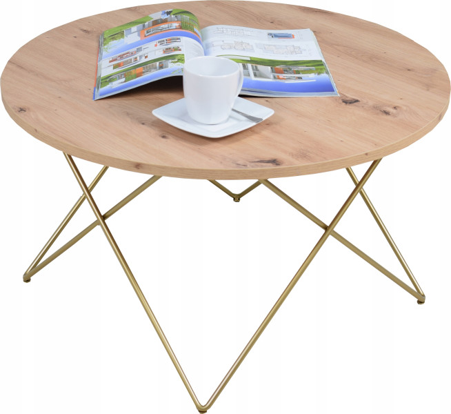 Nowoczesny Okrągły Stolik Kawowy Salon Loft 75x75x43 Złoty+Dąb Artisan 856149