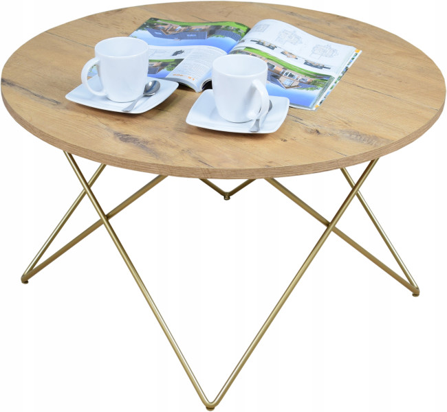 Nowoczesny Okrągły Stolik Kawowy Salon Loft 75x75x43 Złoty+Dąb Lancelot 856194