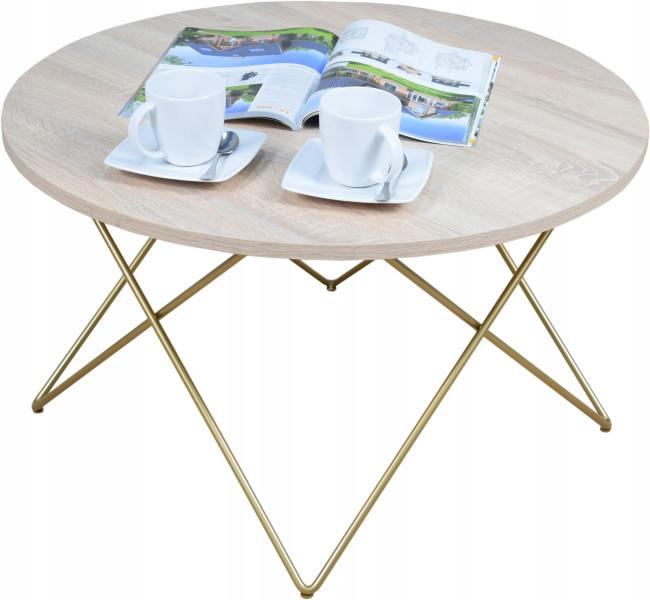 Nowoczesny Okrągły Stolik Kawowy Salon Loft 75x75x43 Złoty+Dąb Sonoma 856185