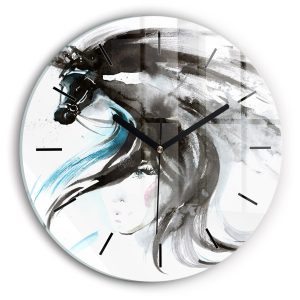 Nowoczesny szklany zegar ścienny Abstrakcja koń i kobieta 215502 Nowoczesny szklany zegar ścienny Abstrakcja koń i kobieta 215502