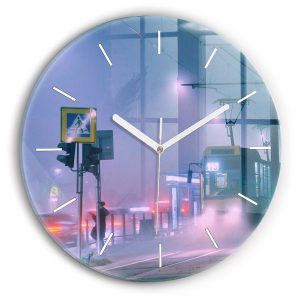 Nowoczesny szklany zegar ścienny cichy Warszawa we mgle fi30 214118 Nowoczesny szklany zegar ścienny cichy Warszawa we mgle fi30 214118