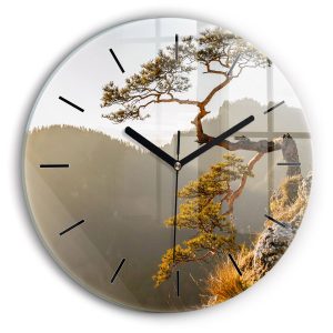 Nowoczesny szklany zegar ścienny Drzewo w górach fi30 214980 Nowoczesny szklany zegar ścienny Drzewo w górach fi30 214980