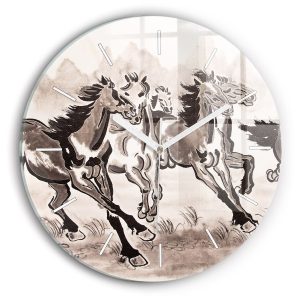 Nowoczesny szklany zegar ścienny Galopujące konie fi30 214760 Nowoczesny szklany zegar ścienny Galopujące konie fi30 214760