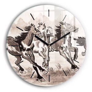 Nowoczesny szklany zegar ścienny Galopujące konie fi30 213138 Nowoczesny szklany zegar ścienny Galopujące konie fi30 213138
