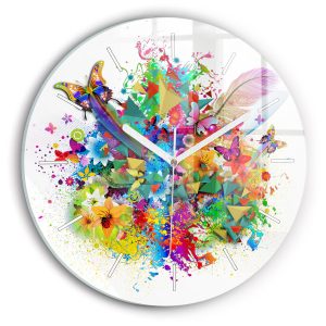 Nowoczesny szklany zegar ścienny Harmonia z motylami 214945 Nowoczesny szklany zegar ścienny Harmonia z motylami 214945