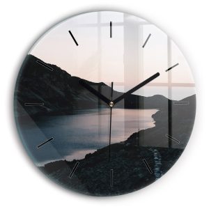 Nowoczesny szklany zegar ścienny Jezioro i góry fi30 214982 Nowoczesny szklany zegar ścienny Jezioro i góry fi30 214982