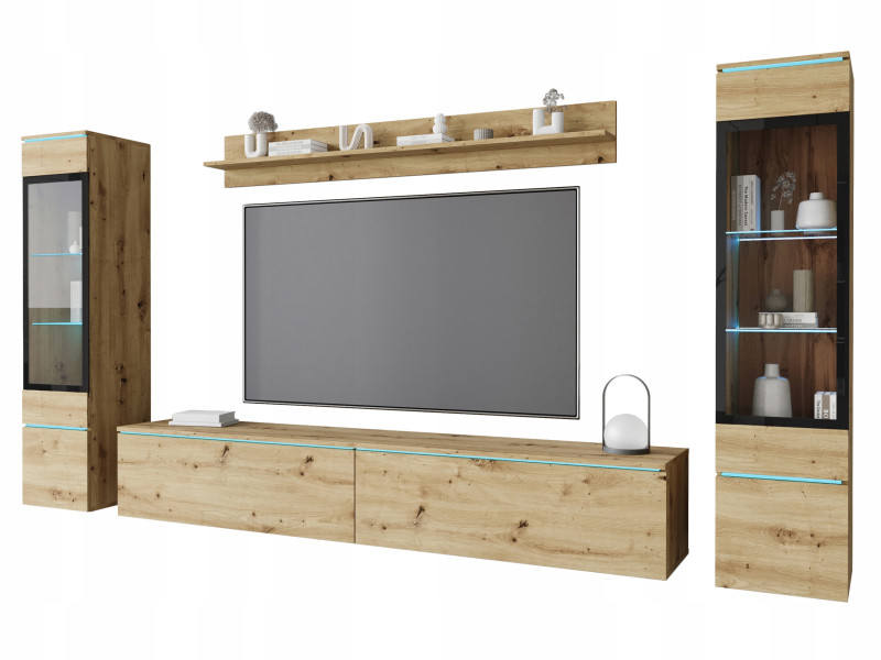 Nowoczesny zestaw mebli do salonu RTV 180 witryna dąb artisan mat z LED 808001