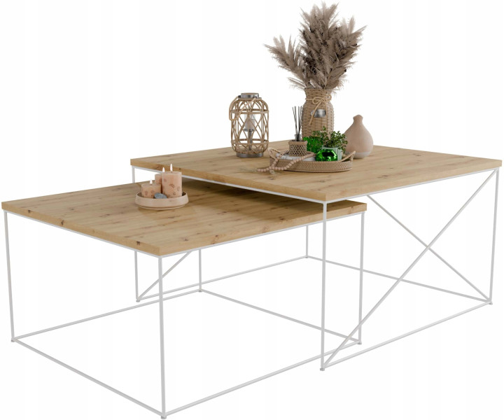 Nowoczesny Zestaw Stolików Kawowych 2w1 Salon Loft Biały+Dąb Artisan 853027