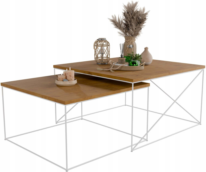 Nowoczesny Zestaw Stolików Kawowych 2w1 Salon Loft Biały+Dąb Lancelot 853032