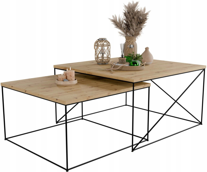 Nowoczesny Zestaw Stolików Kawowych 2w1 Salon Loft Czarny+Dąb Artisan 852997