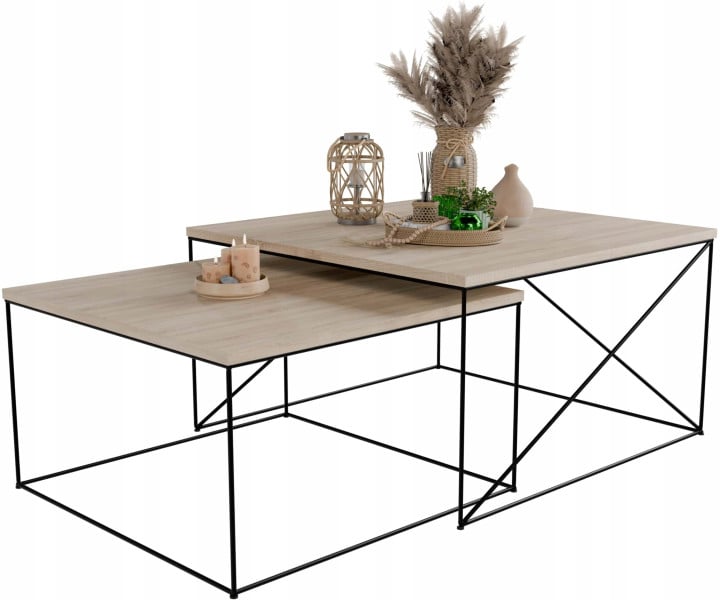 Nowoczesny Zestaw Stolików Kawowych 2w1 Salon Loft Czarny+Dąb Sonoma 852993