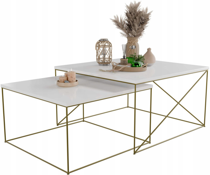 Nowoczesny Zestaw Stolików Kawowych 2w1 Salon Loft Złoty+Biały Połysk 853025