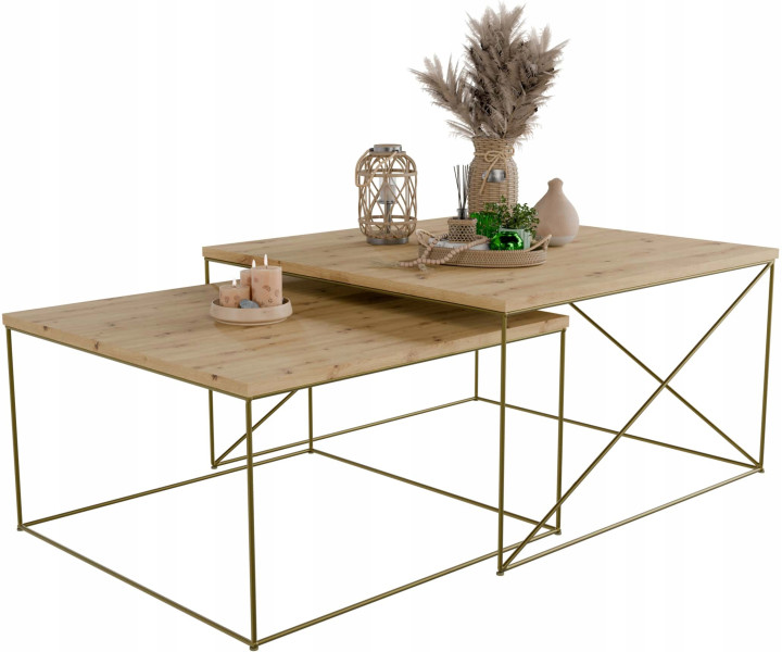 Nowoczesny Zestaw Stolików Kawowych 2w1 Salon Loft Złoty+Dąb Artisan 853024