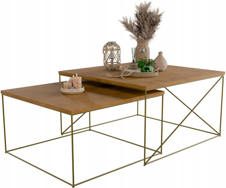 Nowoczesny Zestaw Stolików Kawowych 2w1 Salon Loft Złoty+Dąb Lancelot 852979