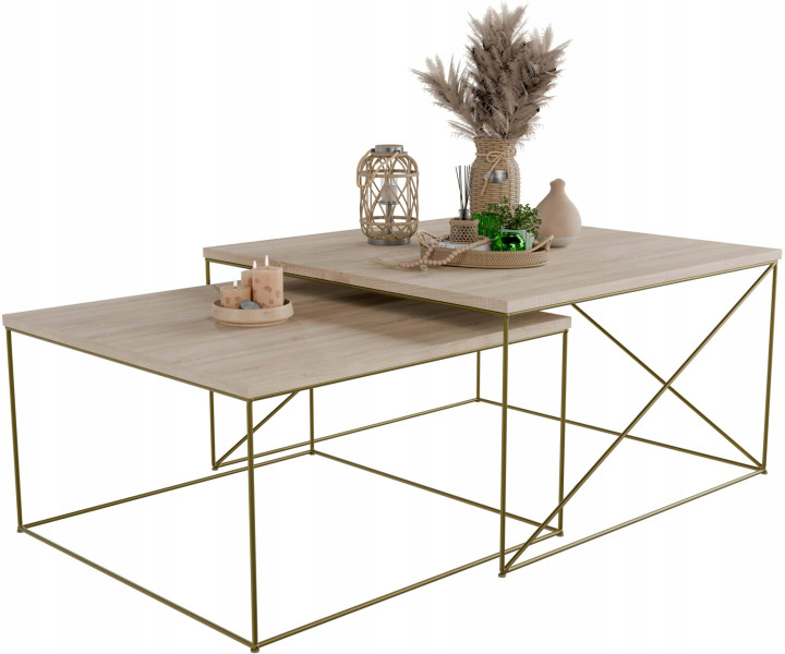 Nowoczesny Zestaw Stolików Kawowych 2w1 Salon Loft Złoty+Dąb Sonoma 852982