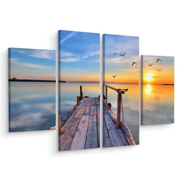 Obraz 4-Częściowy JEZIORO Zachód Ptaki 3D 200x150cm 135761